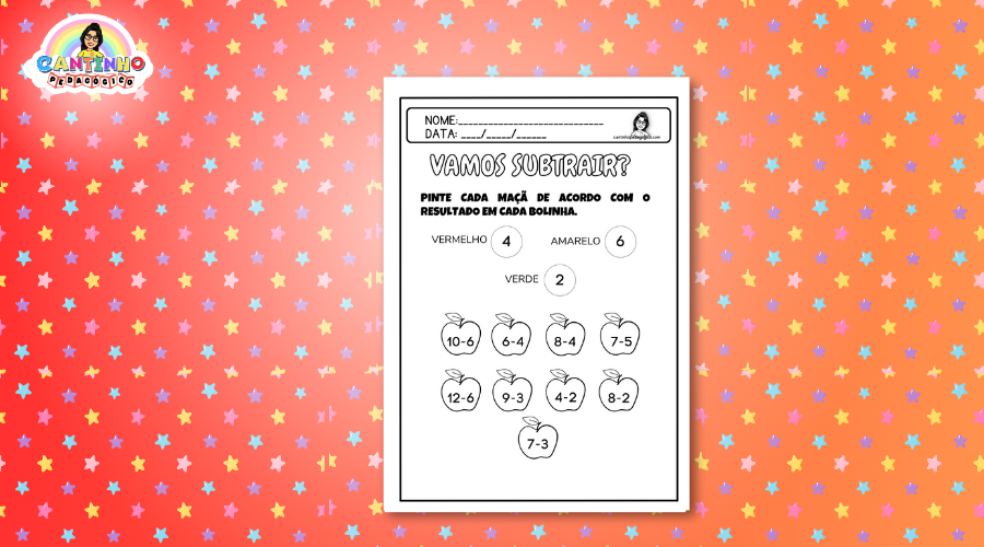 Vamos Subtrair e Pintar as Maçãs - Atividade de Matemática em PDF