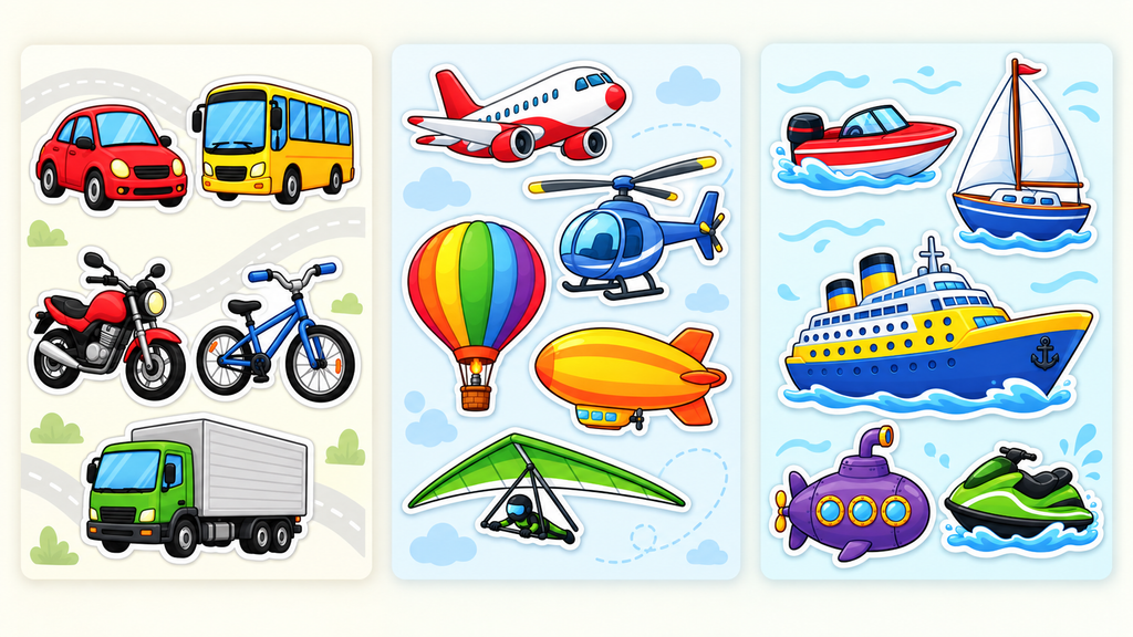 Figuras de meios de transporte terrestres, aéreos e aquáticos para recortar.